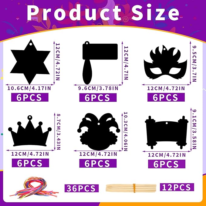 JULMELON 36PCS Purim Day Scratch Cards, Jewish Holiday Magic Color Rainbow Paper Purim Crafts for Kids DIY Art Painting Project Supplies for Purim Decorations School Classroom Activities