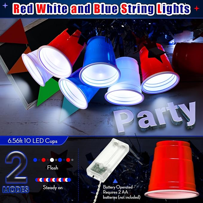 Hiboom Red White and Blue Cups Light, Christmas Shot Cups Fairy String Lights Battery Operated LED for 4th of July Independence Day Christmas Decor Memorial Day Bar Graduation RV Party(2 Pack)