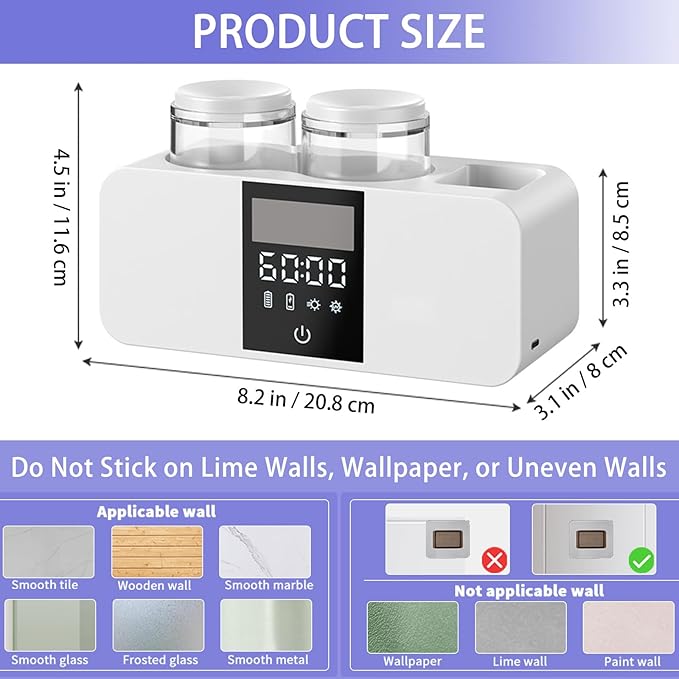 Toothbrush Holder Wall Mounted, 2 Cups Solar Powered Toothbrush Stand, Smart Toothbrush Holder with Cleaning and Drying, Cleaning Box with 4 Toothbrush Slot for Bathroom (White - 2 Cup)