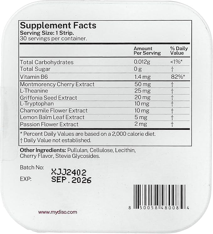 DISO - Snooze - Fast-Dissolving Oral Supplement Strips for Sleep, Cherry Flavor, Vegan, Sugar Free, High Absorption, Gluten Free, Individually Wrapped, 30 Dissolvable Strips