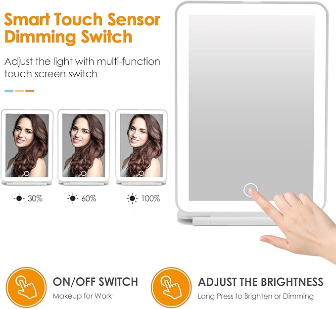 Rechargeable Travel Makeup Mirror 72 LED Lighted Compact Slim Vanity with Lights 3 Lighting Modes Dimmable Touch Screen (White),(DenCert)