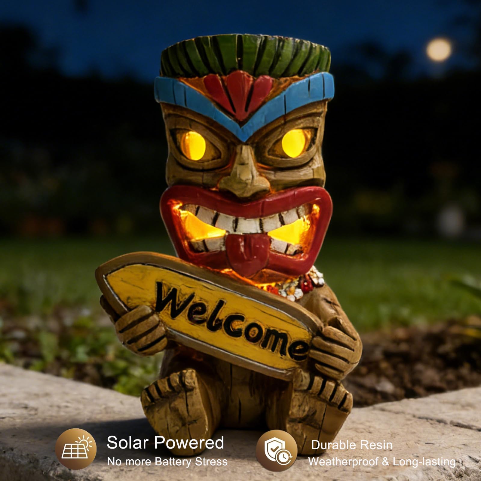 Suyorpe ﻿Miniature Tiki Garden Statue Solar Outdoor Decorations - Tiki Bar Welcome Sign Lights for Patio Yard Lawn Ornaments Gifts for Birthday Housewarming Summer 3.2''(W) x 3.4''(D) x 5.9''(H)