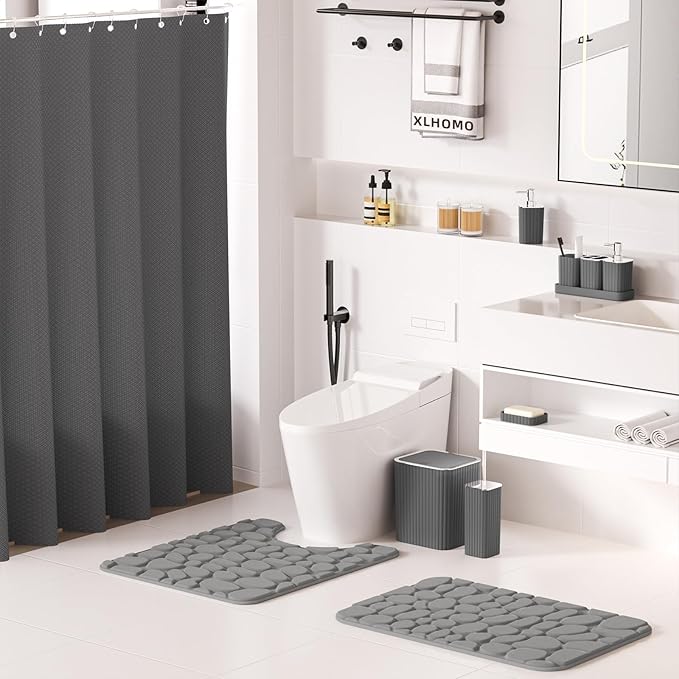 Bathroom Accessories Set- 25PC Grey Bathroom Set, Bathroom Set with Shower Curtain and Rugs, Shower Curtain Set, Toilet Brush, Trash Can, Qtip Holder Dispenser & Soap Dispenser