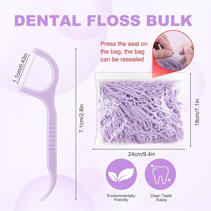 Bulk Floss Picks Dental Floss Sticks Bulk for Teeth, Floss Picks Dental Floss Picks Bulk for Family, Travel, Braces & Sensitive Teeth Dental Hygiene Essentials (500,Purple)