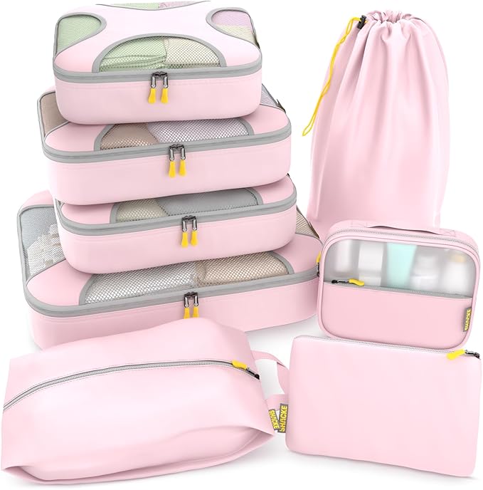Shacke Packing Cubes for Travel 8 Set - Premium Luggage Organizer Bags - Versatile Travel Organizer for Women and Men - Optimized Packing Bags - Travel Essentials (Petal Pink)