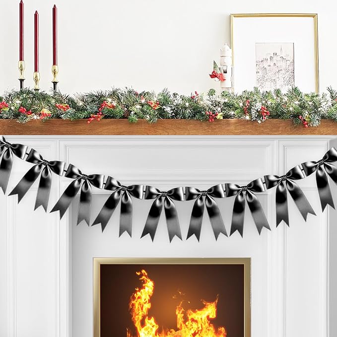 Black Bow Garland Bow Banner Bow Party Decorations Pre-Strung Large Coquette Satin Ribbon for Birthday Bachelorette Party Bridal Shower Wedding Engagement Baby Shower