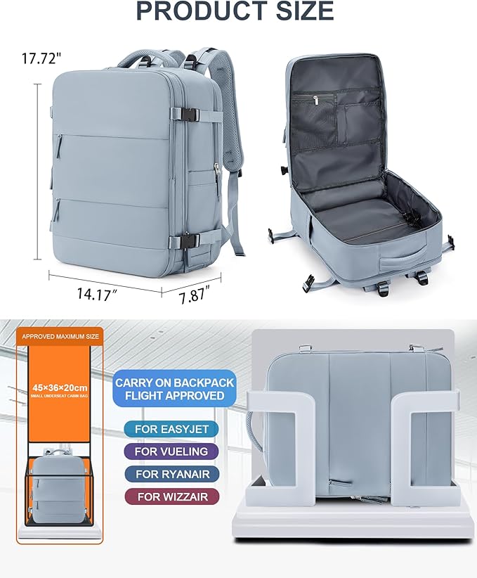 coowoz Large Travel Backpack Carry On for Women Man Waterproof Gym Backpack with Laptop Compartment Mochila de Viaje Teacher Personal Item Backpacks Rucksack Airplane Accessories Must Haves Gray Blue