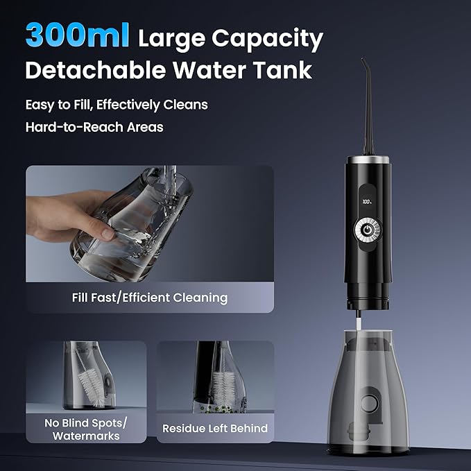 Water Flosser Cordless, 100-Modes Portable Dental Floss Water Picks, 150-Psi High Pressure for Teeth Cleaning and Flossing, 300ML & IPX7 Electric Floss for Braces Kids Travel Home Black
