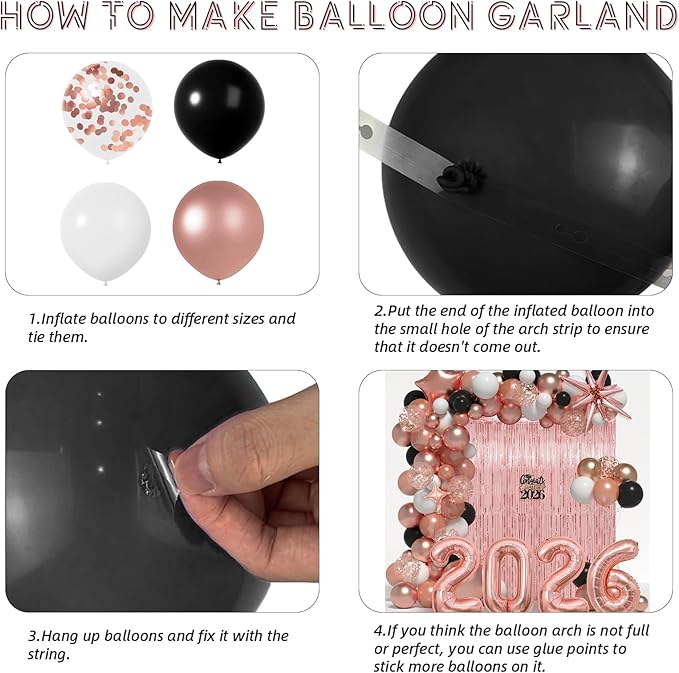 Graduation Balloon Garland Arch Kit for Graduation Decorations Class of 2026 - Rose Gold Black and White Balloons Different Sizes 5 12 18 Inch GraduationBalloons Arch for Grad Party Supplies