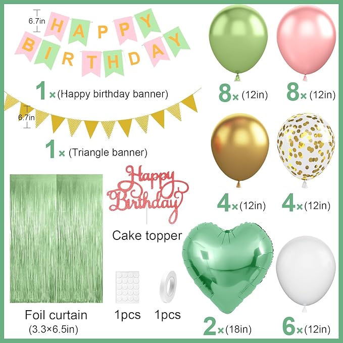 Sage Green Pink Birthday Decorations,Happy Birthday Banner Olive Green Retro Pink Balloons Fringe Curtain Heart Foil Balloons for Women Girl Boys Baby Shower