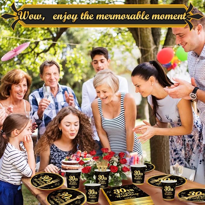 120Pcs 30th Birthday Party Supplies Plates Napkins Cups Forks Tableware Set Gold Black Happy 30th Birthday Themed Disposable Tableware Decoration Serves 24 Guests for Men Women 30 Years Old