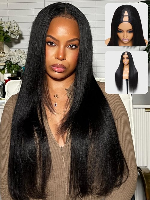 Sunber V Part Wig Human Hair Glueless Wig Yaki Straight Upgrade No Leave Out Vpart Yaki Straight Wigs 150% Density Glueless Clip in Half Wigs No Glue No Sew in Beginner Friendly 16Inch