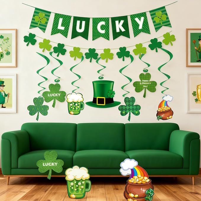 St. Patrick's Day Decorations Set for Party, Lucky Banner Shamrock Banner Garlands Hanging Swirls Clover Decor for Home St Patricks Day Party Supplies