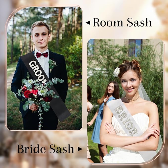 2Pcs Pearl Bride & Groom Sash Set – Bride Sash and Groom Sash, Wedding Engagement Decoration(White & Black, Extra Large)