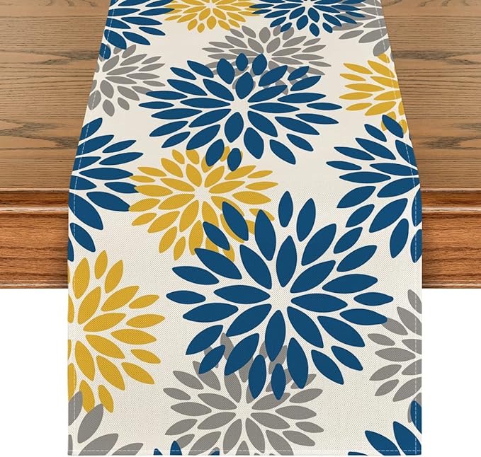 Artoid Mode Blue Dahlia Floral Pinnata Summer Table Runner, Spring Kitchen Dining Table Decoration for Home Party Decor 13x48 Inch