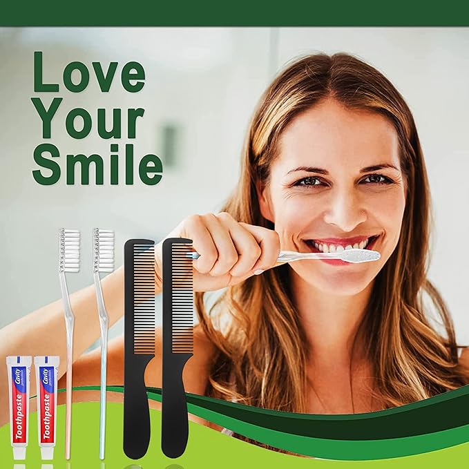 HQSLsund 50 Pack Disposable Toothbrushes with Toothpaste and Comb for Homeless Individually Wrapped,10g Travel Toothpaste,7inch Black Hair Comb, Toothbrush for Hotel,AirBnb,Shelter,Charity