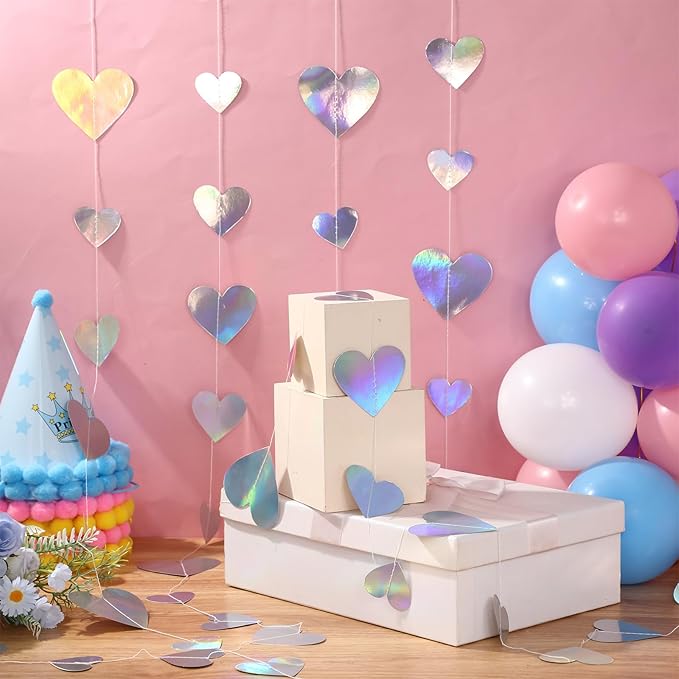 10 Pack 130ft Silver Holographic Heart Party Garland Asymmetrical Love Hanging Banners for Birthday Wedding Bachelorette Baby Bridal Shower Engagement Decorations