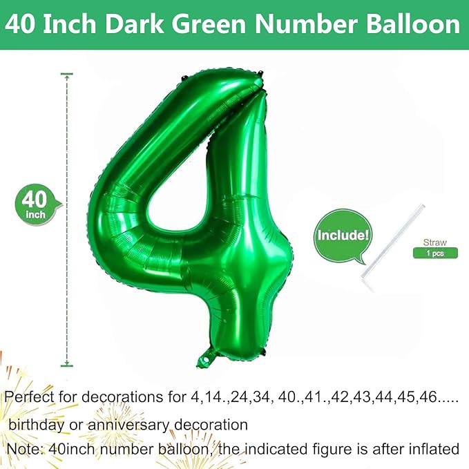 Green Number Balloons, 40 Inch Dark Green Balloon 4.4 Helium Balloon 4th Birthday for 4 Years Birthday Party Wedding Anniversary Decoration Children Girls Boys