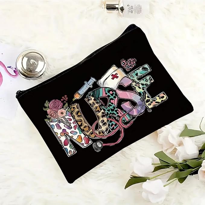 GRITOSE Nurse Makeup Bags Nurse Gift Nurse Accessories Toiletry Bag for Birthday Gift Friend Student Nurse Cosmetic Bags With Zipper, Black Small Cosmetic Travel Pouch