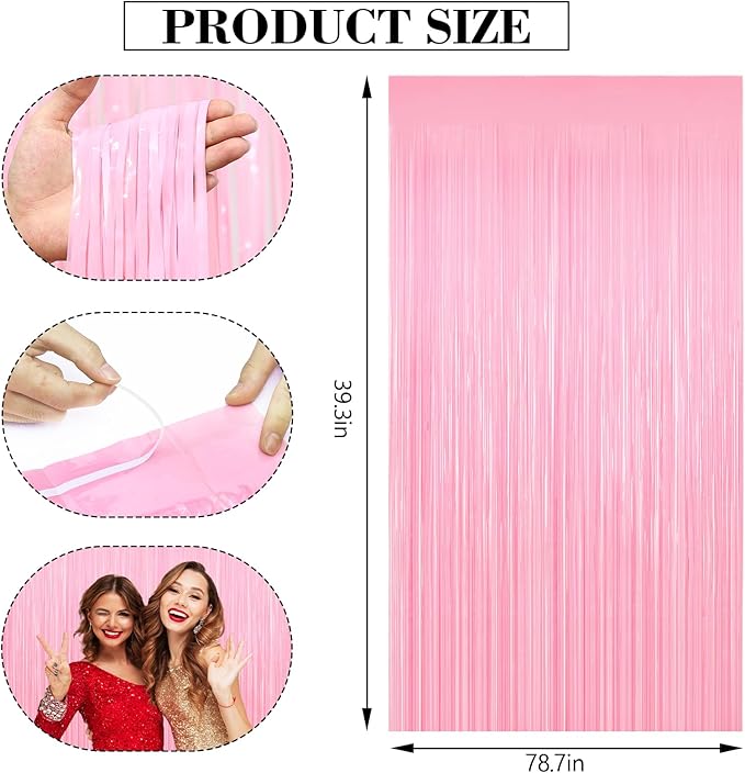 2Pack Pink Foil Curtain Pastel Pink Backdrop Streamers, Door Streamers Photo Booth Backdrop for Birthday Wedding Party, Metallic Tinsel Foil Fringe Curtains for Bachelorette Xmas Party Decorations