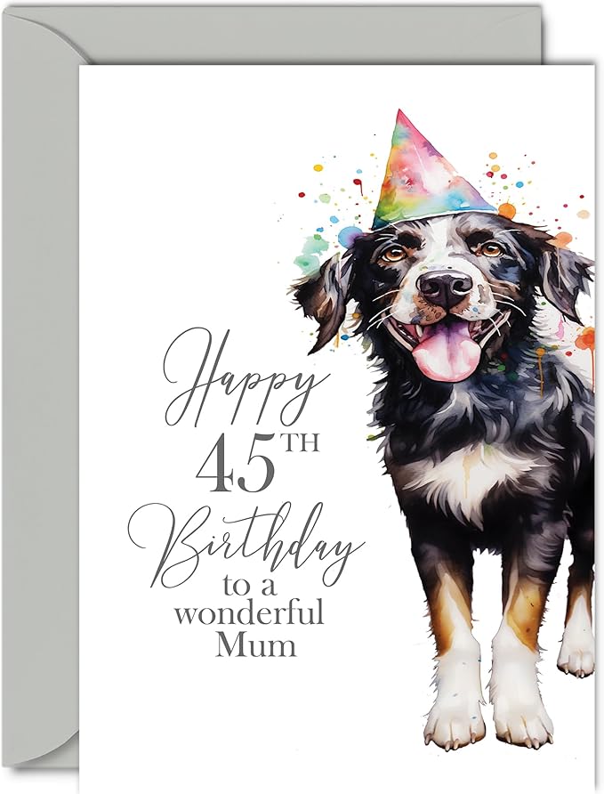 45th Birthday Cards for Mom - Party Dog - Happy Birthday Card for 45 Year Old Mom from Son Daughter, A5 Bday Women Woman Her Greeting Cards Gift for Mom Birthday Gifts