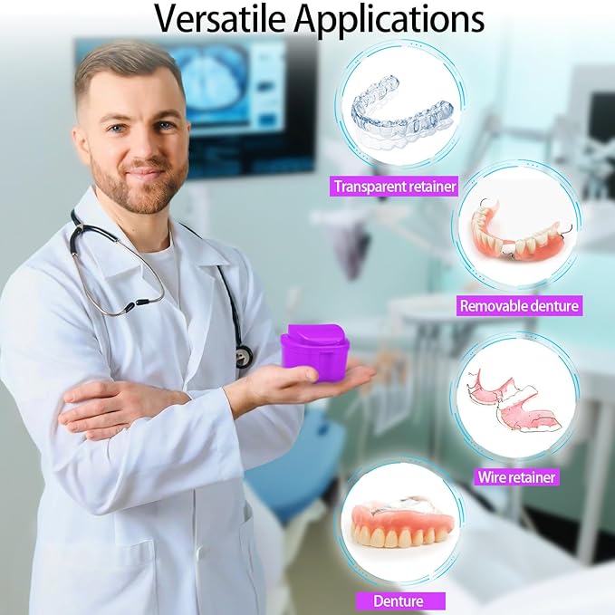 Denture Bath Case Denture Cleaning Cup with Brush Set, 2 Pack False Teeth Container Denture Storage Bath Box Case Retainer Holder Case with Strainer Basket and Lid Waterproof - Purple & Black