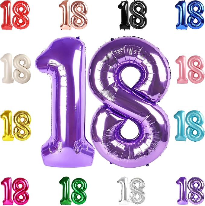 18 Balloon Number, Purple Number 18th Birthday Balloons 40 Inch, 18 Years Old Purple Birthday Decorations for Boys Girls, 18th Anniversary Decorations