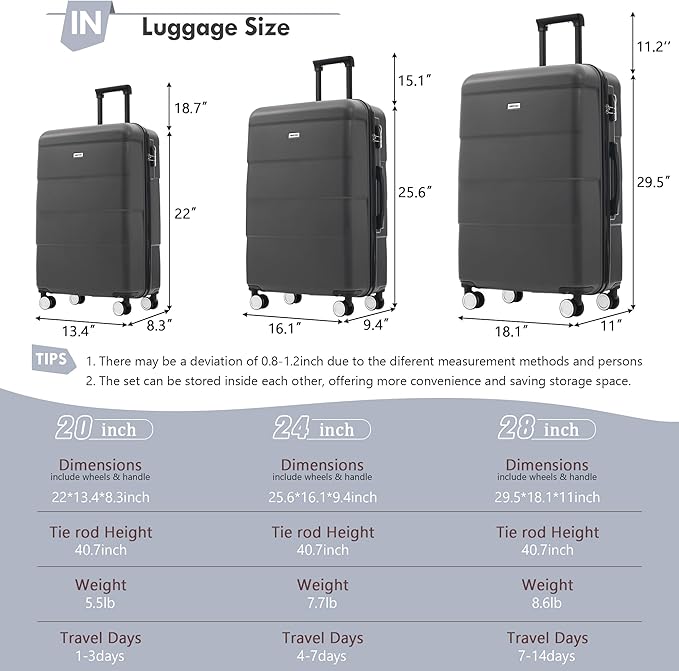 Merax Luggage Sets of 3 Piece Carry on Suitcase Airline Approved,Hardcase Suitcase Set with Double Spinner Wheels,Charcoal
