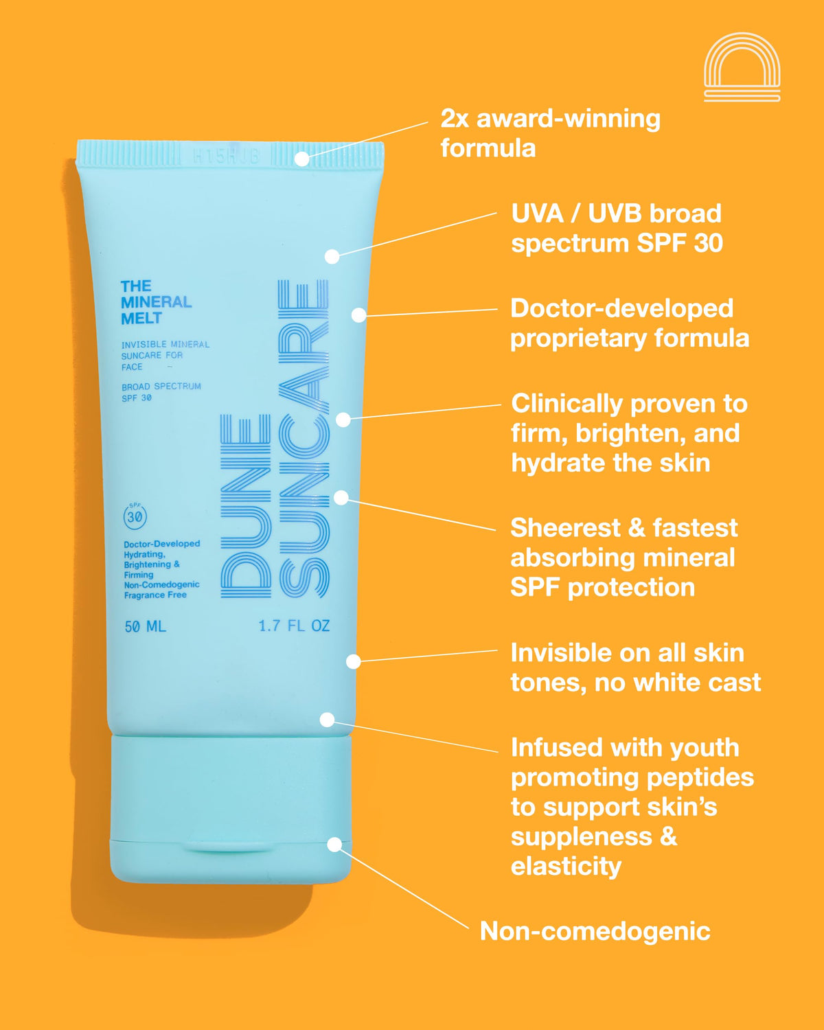 DUNE The Mineral Melt Mineral Face Sunscreen SPF 30, Broad Spectrum Zinc Sunscreen for Face, Sheer No White Cast Sunscreen, Fragrance Free Daily Facial Sunscreen with Peptides & Vitamin E, 1.7 Fl Oz