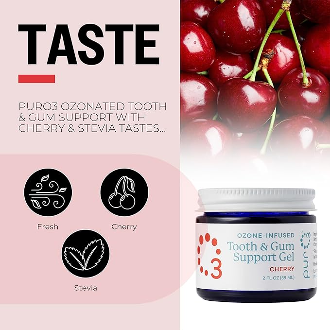 PurO3 Ozone Tooth & Gum Support – Ozonated Organic Olive Oil & Essential Oils for Complete Oral Care & Fresh Breath, Natural Fluoride-Free Solution for Deep Cleaning, Cherry/Stevia, 2 Fl Oz Gel