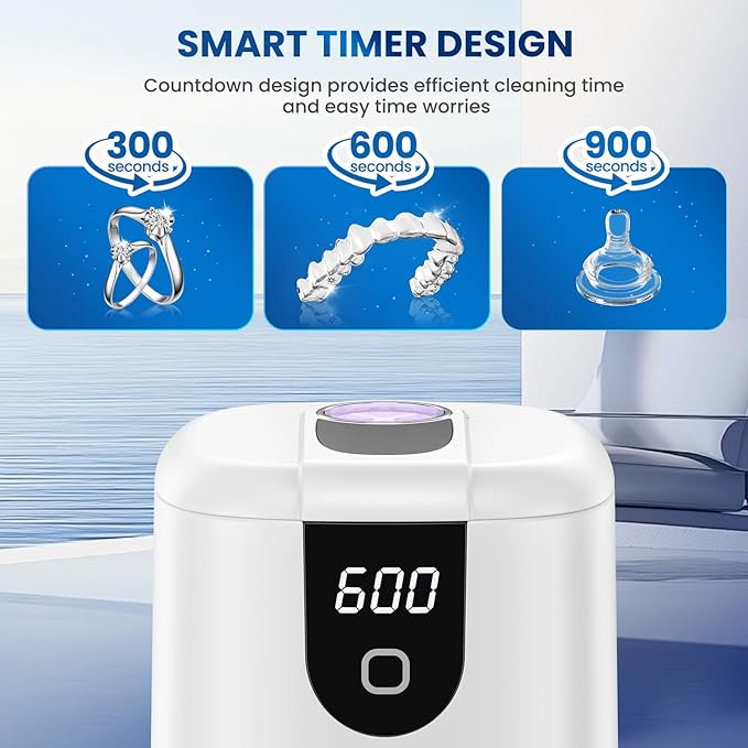45kHz Ultrasonic Retainer Denture Cleaner Machine, Fast Cleaning for Aligners, Mouth Guards, Braces, Toothbrush Heads & Jewelry, 200ML Dental Cleaning Pod, 4 Modes & Digital Timer, White