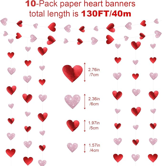 10 Pack 130ft Red, Glitter Pink Heart Party Garland Asymmetrical Love Hanging Banners for Birthday Wedding Decorations Mothers Day Bachelorette Bridal Shower Engagement