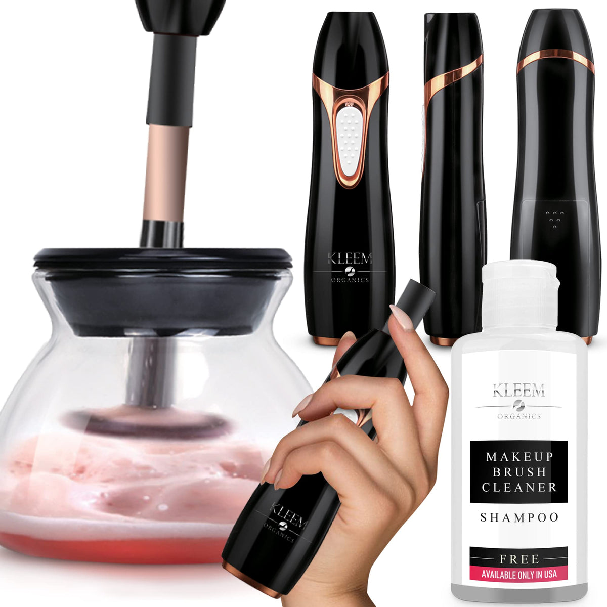 Kleem Electric Makeup Brush Cleaner Machine | Automatic Makeup Brush Washer & Spinning Dryer with Free Cleaner Shampoo | Dual-Fiber Bristles for Eyeshadow & Foundation | Made in USA | Black