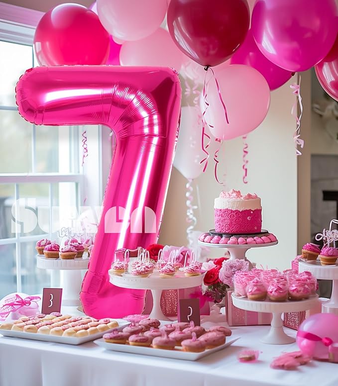 SUWEN 40 Inch Hot Pink Large 7 Number Balloons Big Foil Helium Number Balloons 0-9 Jumbo Happy 7th Mylar Birthday Party Decorations for Girl Anniversary Party Supplies