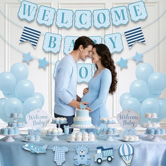 Baby Boy Baby Shower Banner, 4 PCS Pre-strung Blue Gingham Welcome Baby and Body Cloth Banner for Baby Boy Shower Party Decoration (welcome baby boy)