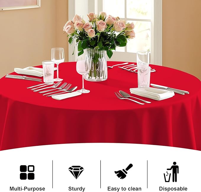 6 Pack Premium Red Plastic Table Cloth -120 Inch Round Tablecloth, Disposable Tablecloth Plastic Table Cover for Parties (6, Red, 120" Round)