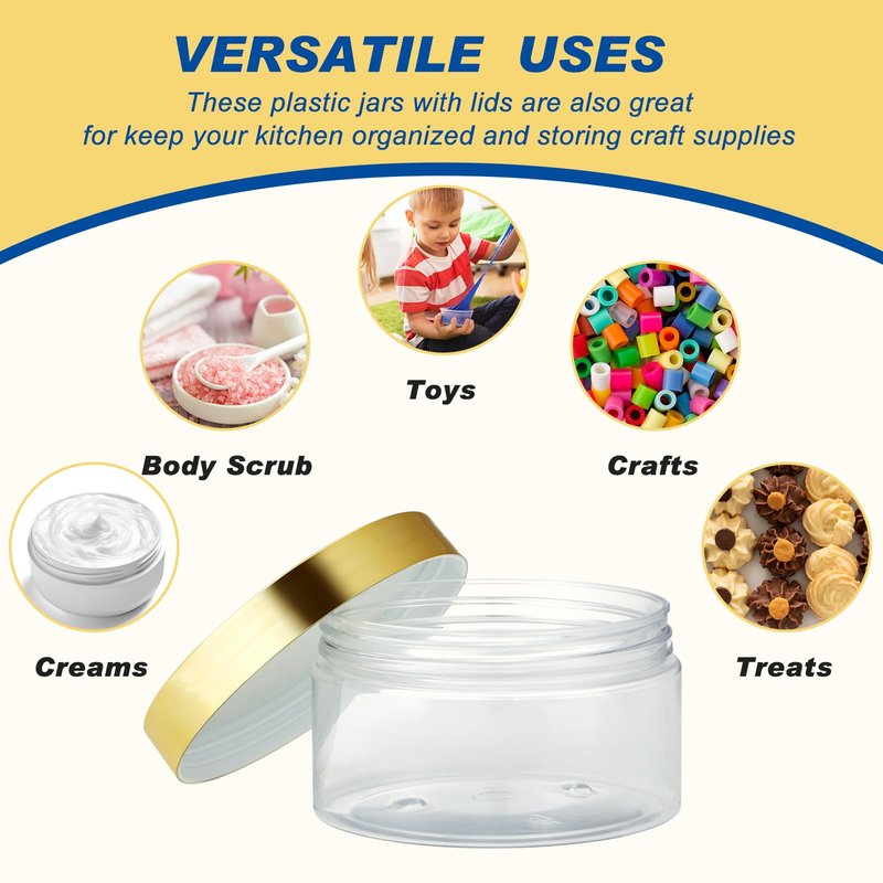 Dandat 24 Pcs 8 oz Plastic Jar Container with Gold Lid and Label Refillable Empty Round Clear PET Cosmetic Sample Slime Containers for Lotion, Cream, Ointments, Body Butter, Makeup Travel Storage