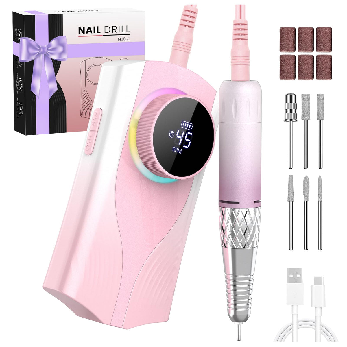 KISUFU Professional Nail Drill for Nail Technicians - 45000RPM Electric Nail File with 1800mAh Battery - Portable E-File with Digital Display and Belt Clip - Gradient Pink Manicure Set with 6 Bits.