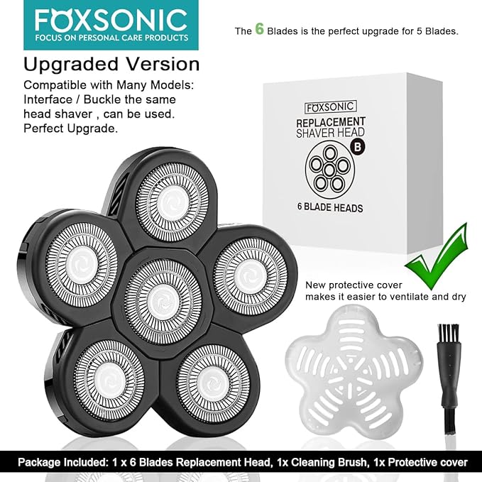 FOXSONIC Universal 6 Blade Replacement Heads for Mainstream Shaver Brands, Bald Shaver Replacement Heads with Blade Cover (Black)