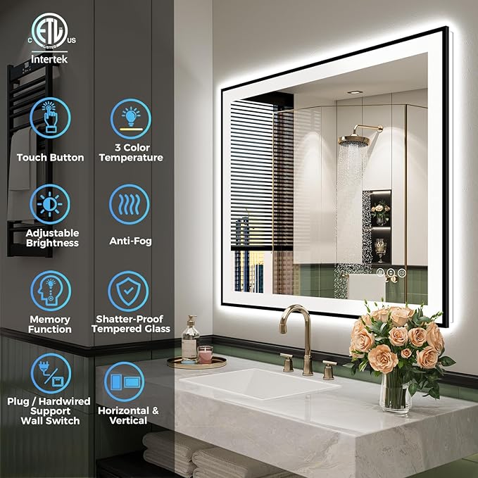 40x30 Inch LED Bathroom Mirror with Lights (Front Lit and Backlit) Black Framed Lighted Vanity Mirror for Bathroom Wall Dimmable Anti-Fog Memory Tempered Glass Horizontal/Vertical