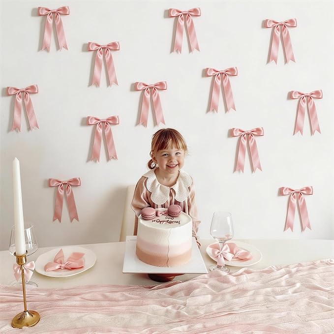2 Strings Dusty Pink Bow Garland Banner Decorations, 16Pcs Pre-Strung Satin Ribbon with 6.7ft Chain for Girls Ribbon Bow Banner Coquette Room Birthday Baby Shower Bachelorette Wedding Party Decor