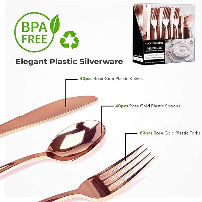Rose Gold Plastic Silverware Set (1280 Bulk Pack) Disposable Cutlery Utensils, 80 Forks, 40 Knives, 40 Spoons, Heavy Duty Rose Gold Flatware For Holidays, Parties, Dinners, Weddings, and Occasions