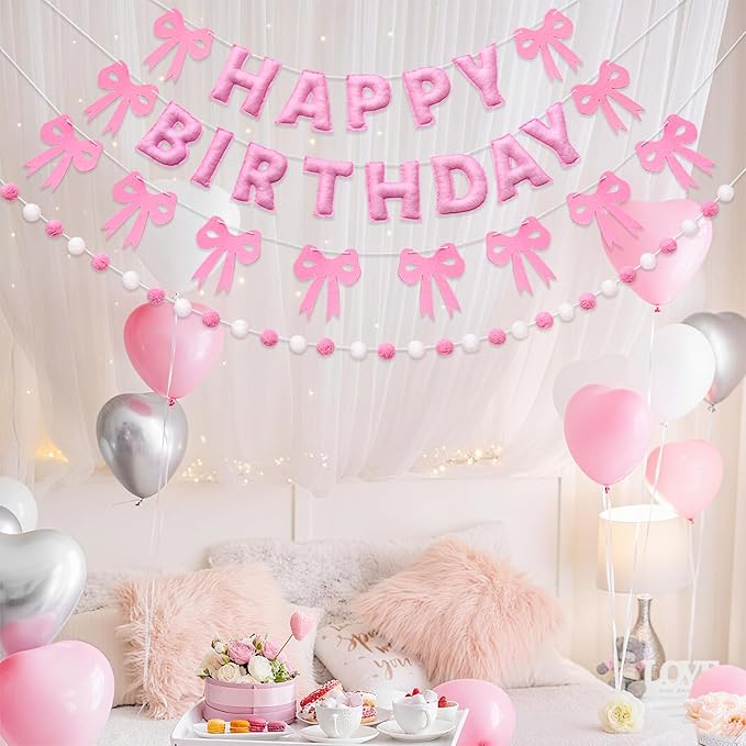 Pre-Strung Pink Bow Birthday Decorations, Reusable Coquette Party Decorations with Wool Felt Happy Birthday Banner, Bow and Felt Ball Garland for Girls Women Baby Shower Pink Bow Theme Decor