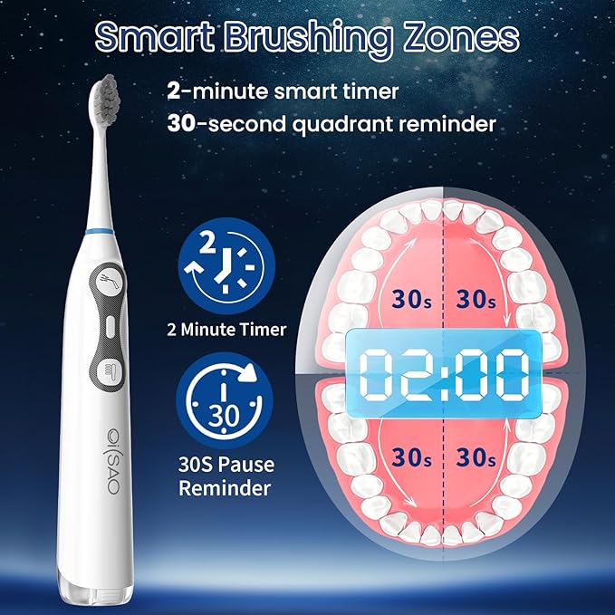 3-in-1 Flossing Toothbrush-Flosses, Vibrates and Oscillates, Electric Toothbrush with Water Flosser Equipe 5 Brush Heads, Plaque Removal for Sensitivity, Braces-White