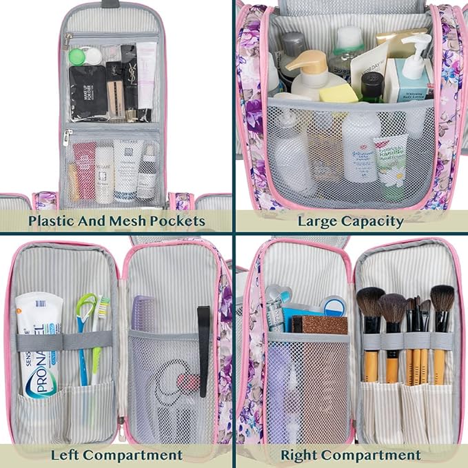 PAVILIA Extra Large Toiletry Bag Travel Bag for Women Men, Hanging Cosmetic Organizer, Water Resistant Makeup Bag for Accessories Toiletries, Travel Essentials Kit (Floral Pink)