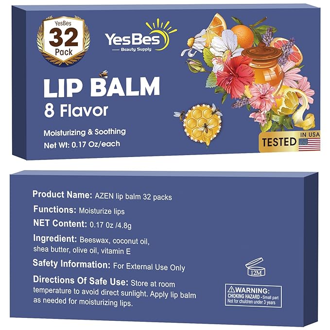 32 Pack Lip Balm, Natural Lip Balm Bulk with Vitamin E and Coconut Oil, Moisturizing Lip Balms for Dry Cracked Lips, Lip Balms for Stocking Stuffers - 8 Flavors