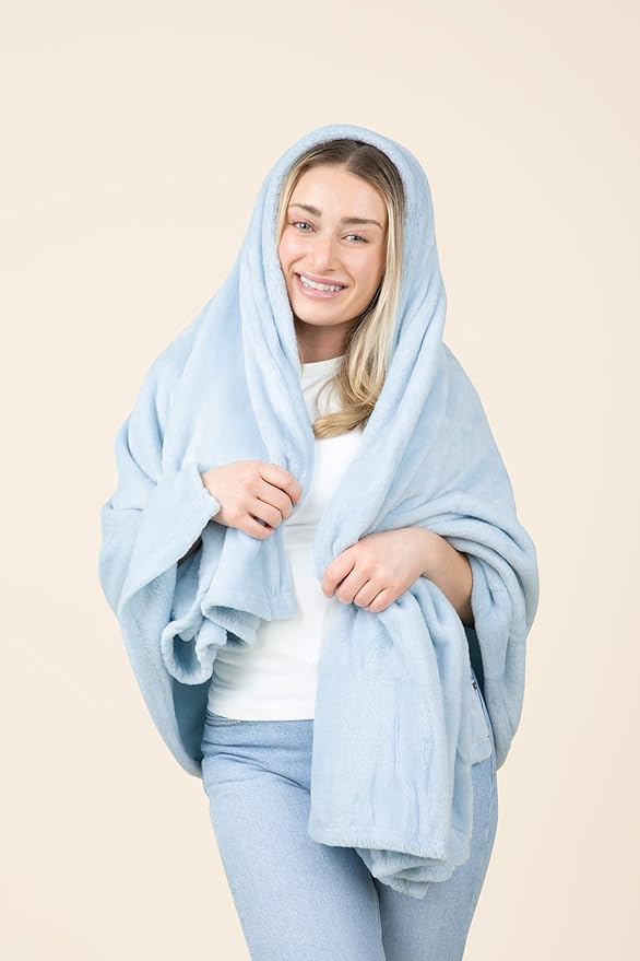 EverSnug Travel Blanket and Pillow - Ultra-Soft, Compact & Lightweight, 65x40 Inches, with Carry Case, Luggage Sleeve & Backpack Clip for Airplane Comfort (Ice Blue)
