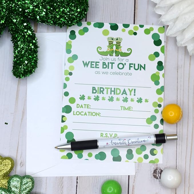 Amanda Creation Wee Bit O' Fun St. Patrick's Day Themed Birthday Party Fill In Invitations set of 20 with envelopes