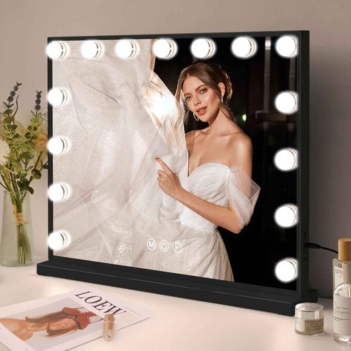 Fenair Vanity Mirror with Lights 22.8"x 18.1" Makeup Mirror with Lights and 15 Dimmable Bulbs,3 Colors Modes,Hollywood Mirror with USB Charging Port and 10X Detachable Magnification Mirror（Black）