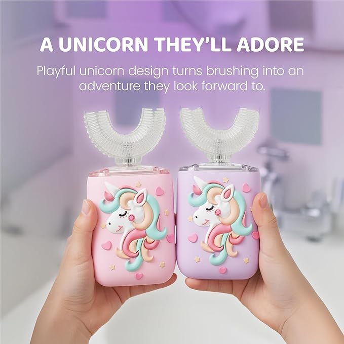 Well Before Kids U Shaped Electric Toothbrush with 5 Brush Heads, Ultrasonic, 5 Modes, IPX7 Waterproof Design (Unicorn, Pink Ages 2-7)